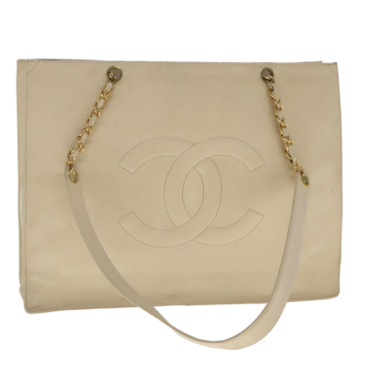 CHANEL COCO Mark Chain Tote Bag Caviar Skin Beige Gold CC bs18886