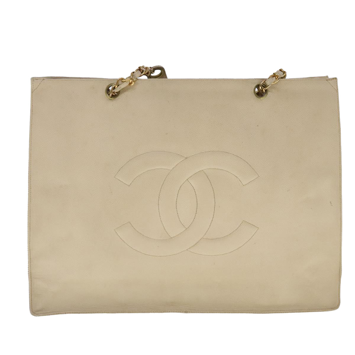 CHANEL COCO Mark Chain Tote Bag Caviar Skin Beige Gold CC bs18886
