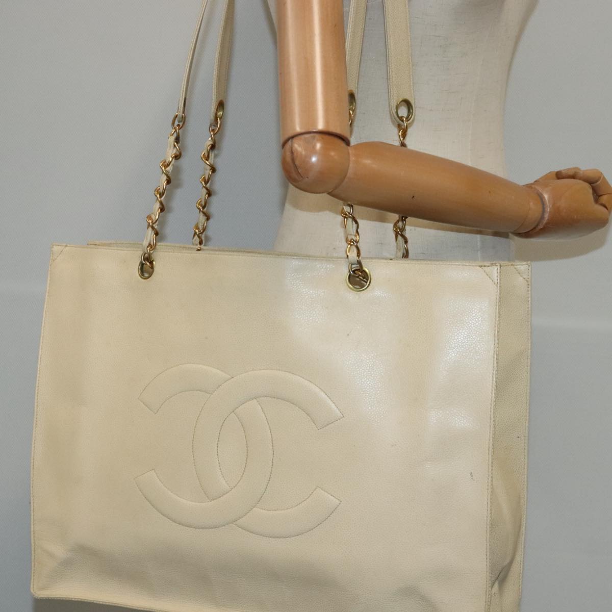 CHANEL COCO Mark Chain Tote Bag Caviar Skin Beige Gold CC bs18886