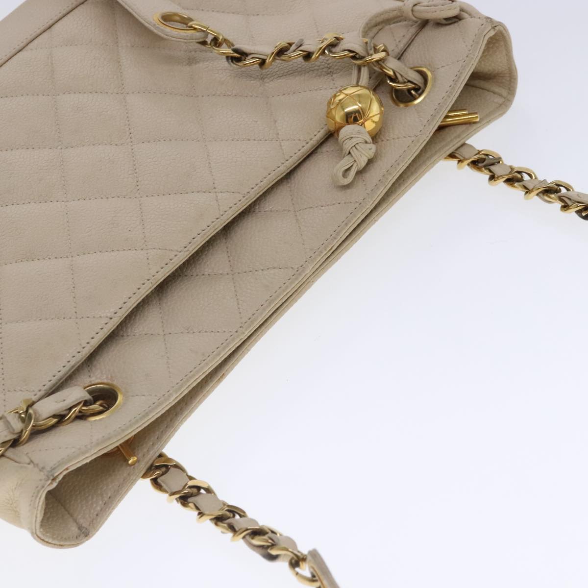 CHANEL Matelasse Chain Shoulder Bag Caviar Skin Beige CC bs18887