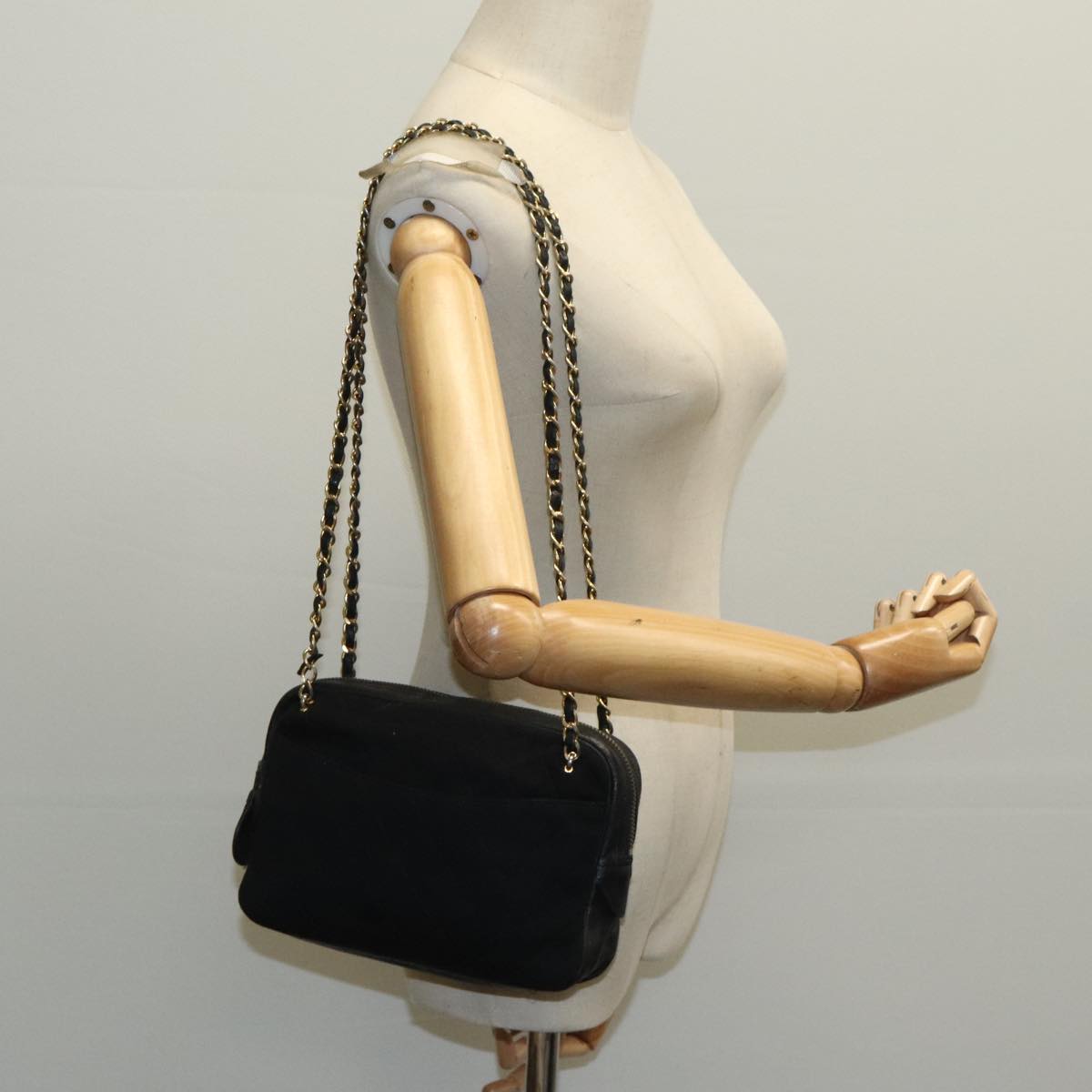 CHANEL Matelasse Chain Shoulder Bag Cotton Black Gold CC bs19253