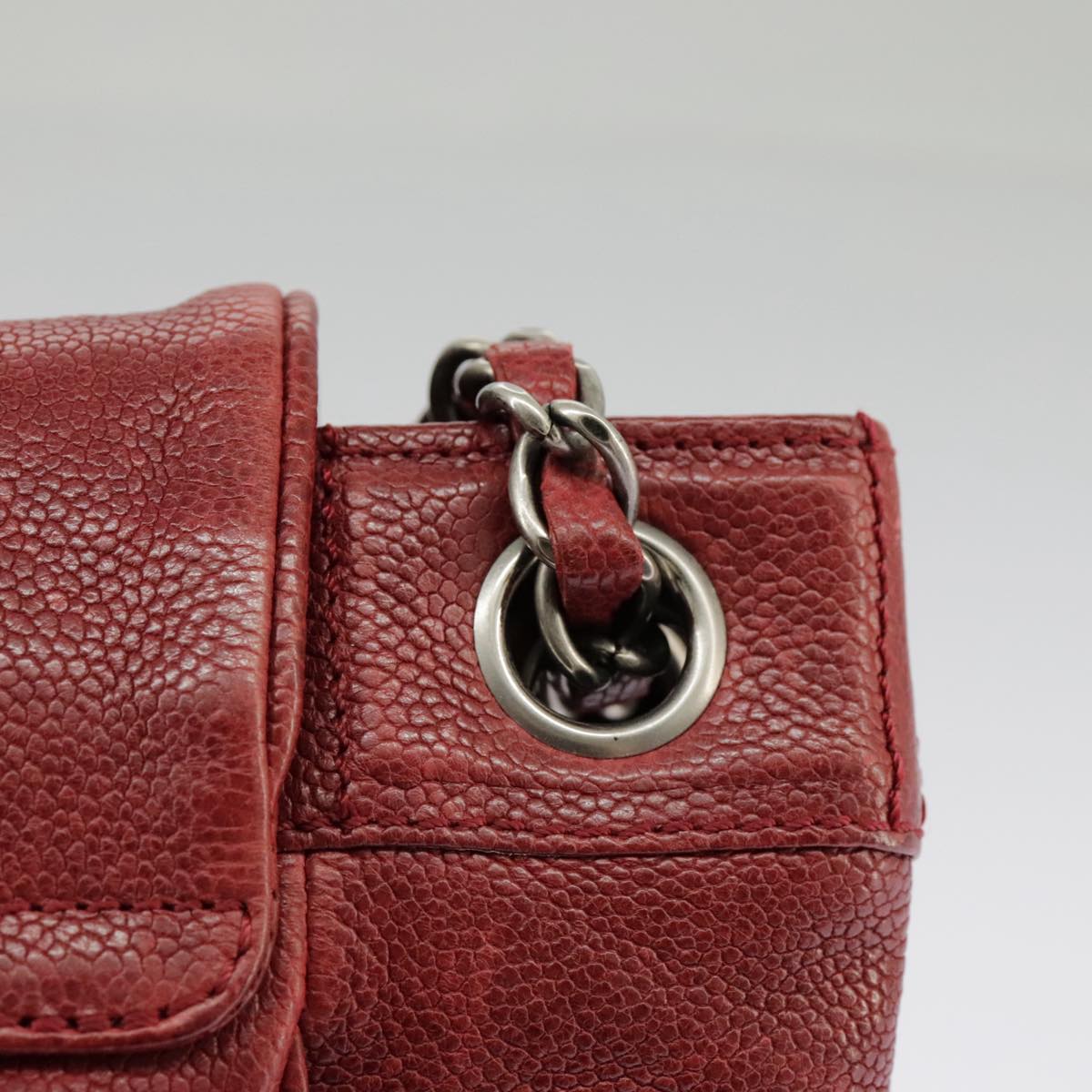 CHANEL Chain Hand Bag Caviar Skin Beige Silver CC bs19418