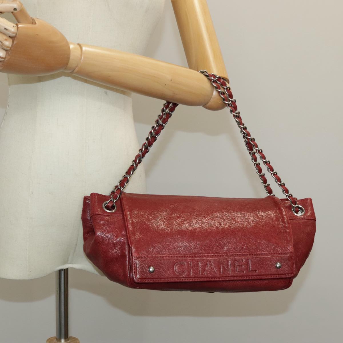 CHANEL Chain Hand Bag Caviar Skin Beige Silver CC bs19418