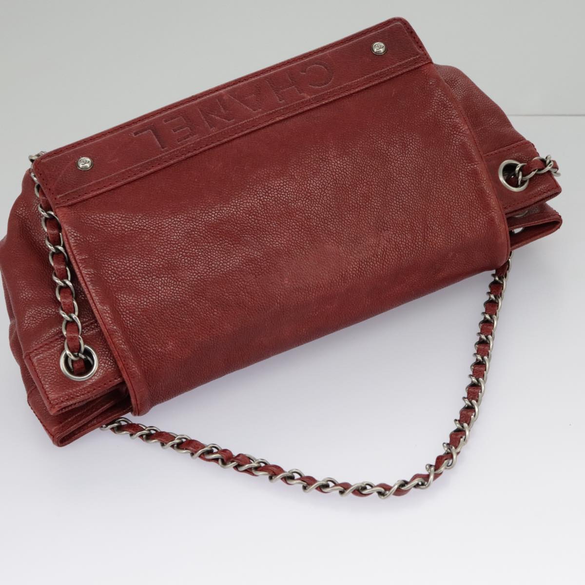 CHANEL Chain Hand Bag Caviar Skin Beige Silver CC bs19418