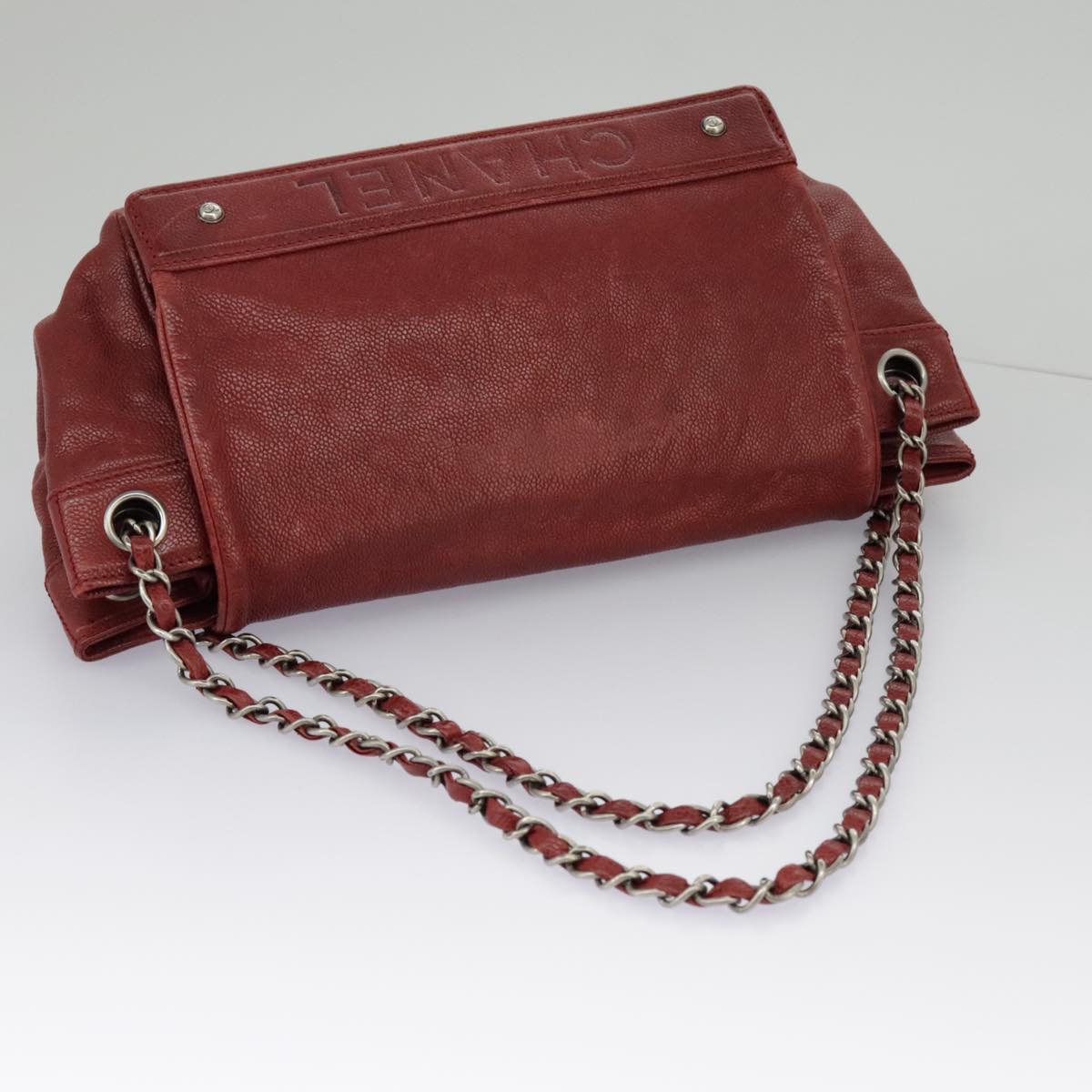 CHANEL Chain Hand Bag Caviar Skin Beige Silver CC bs19418