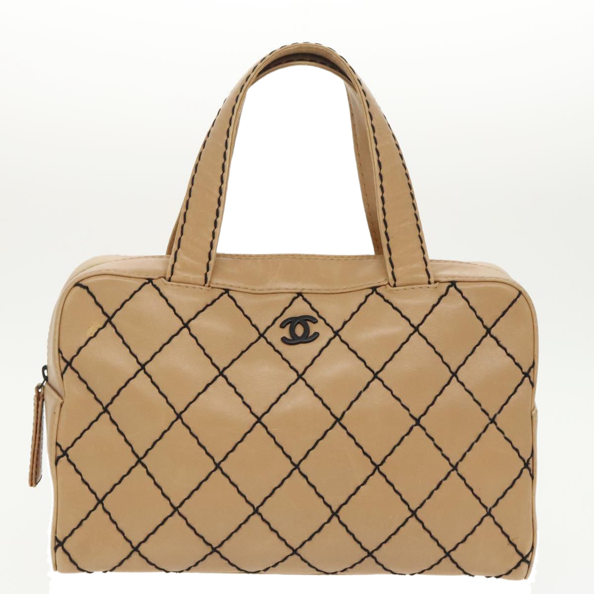CHANEL Matelasse Wild Stitch Hand Bag Leather Beige CC bs19424