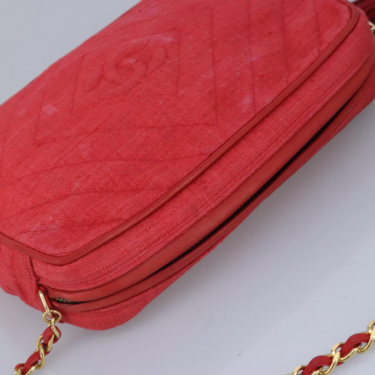 CHANEL Chain Shoulder Bag Canvas Red Gold CC bs19429
