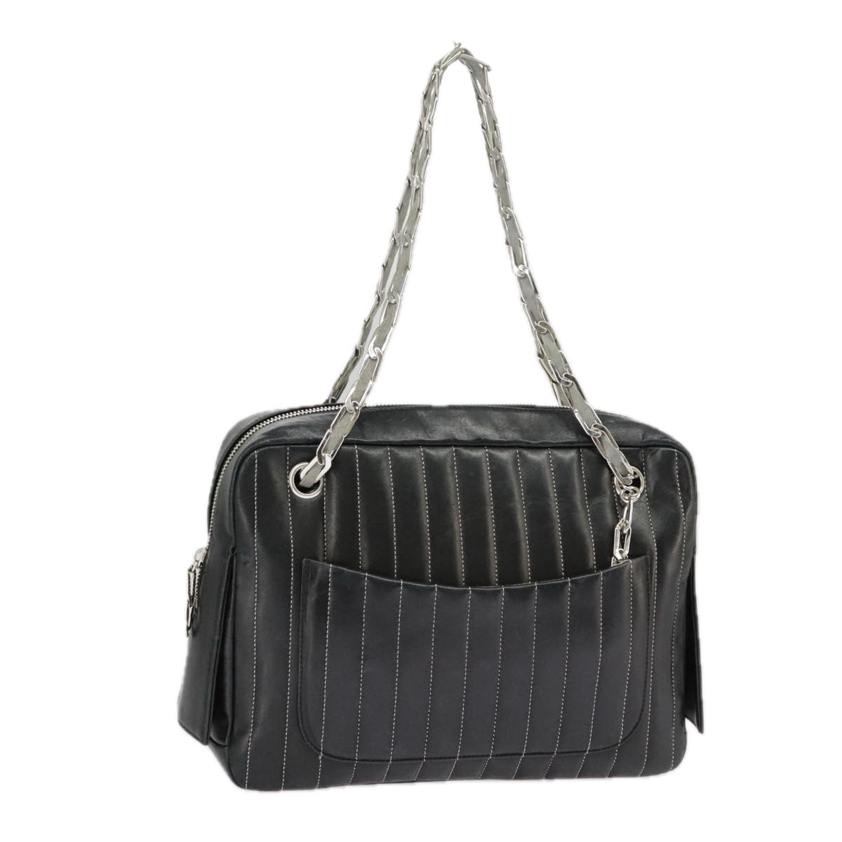 CHANEL Mademoiselle Chain Hand Bag Lamb Skin Silver Black CC bs19458