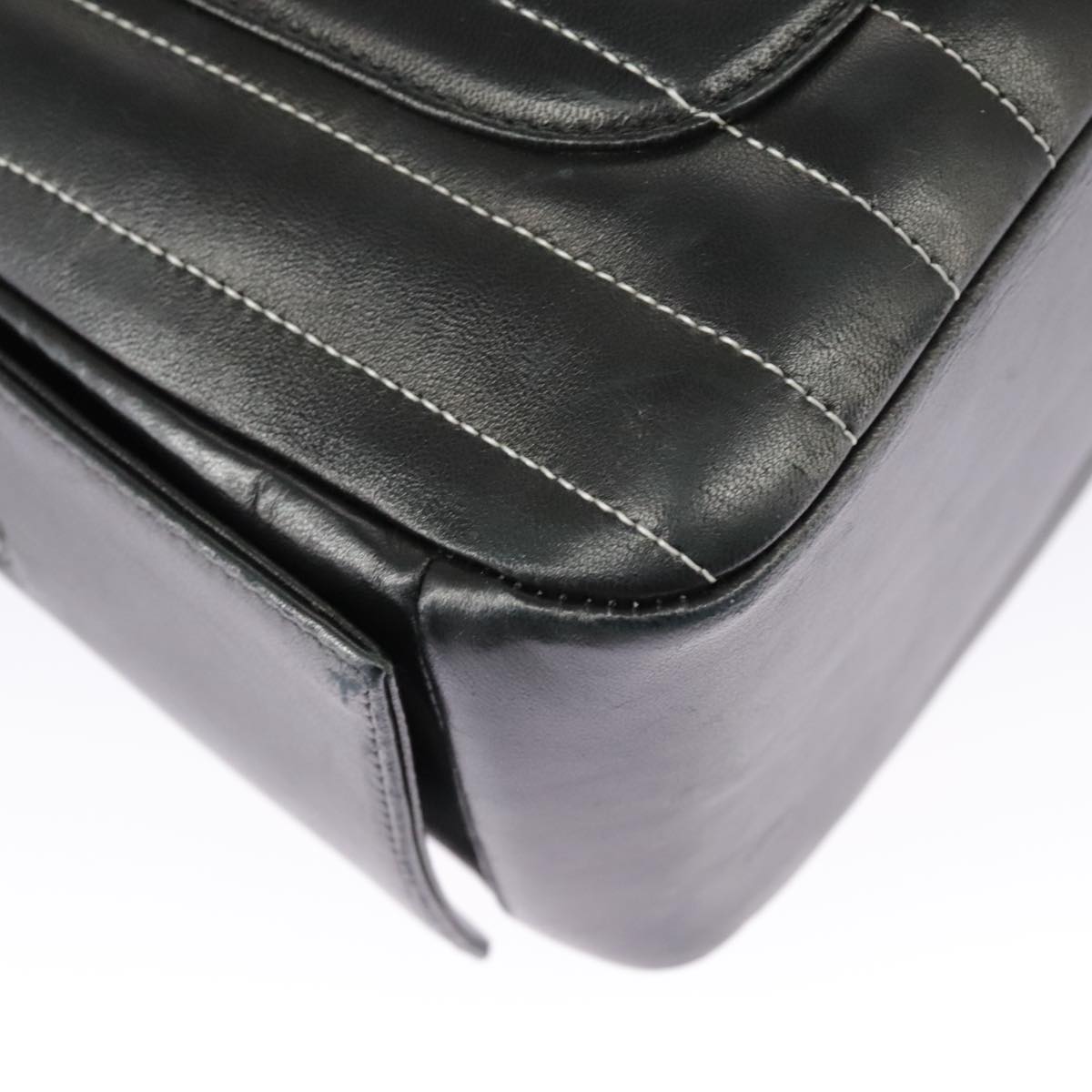 CHANEL Mademoiselle Chain Hand Bag Lamb Skin Silver Black CC bs19458