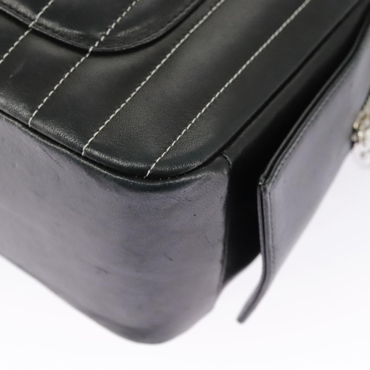 CHANEL Mademoiselle Chain Hand Bag Lamb Skin Silver Black CC bs19458