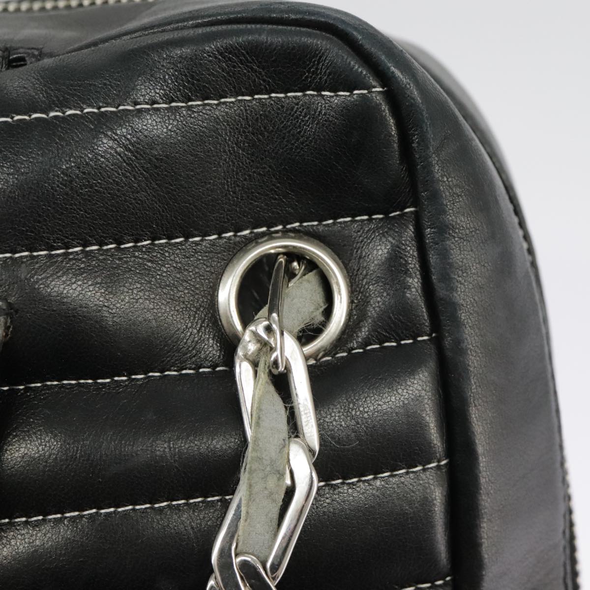 CHANEL Mademoiselle Chain Hand Bag Lamb Skin Silver Black CC bs19458