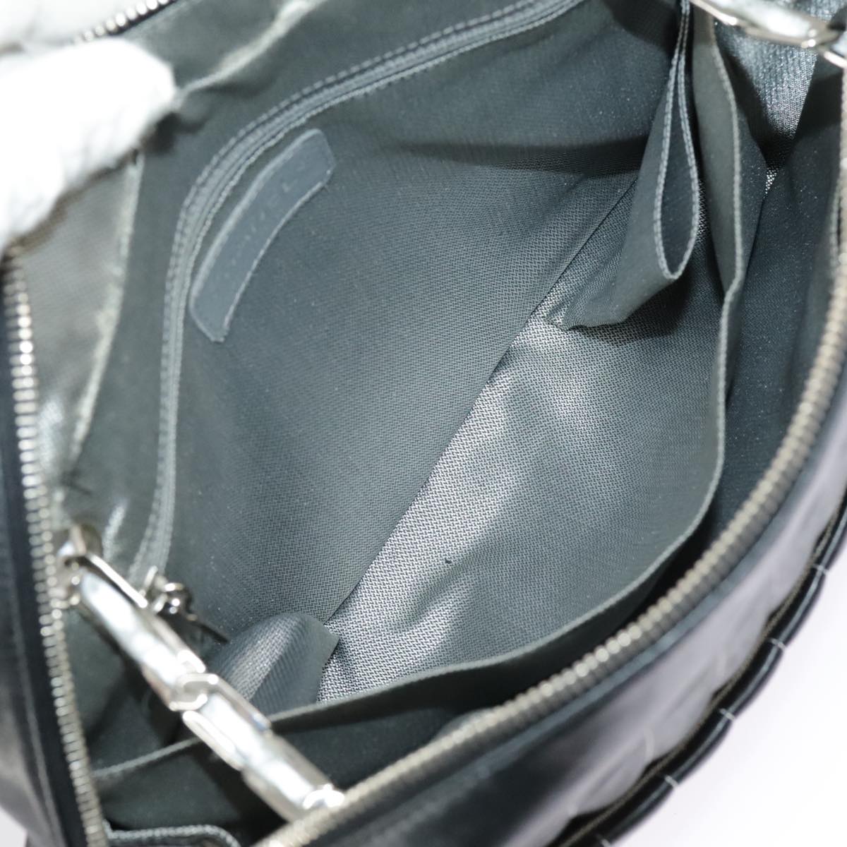 CHANEL Mademoiselle Chain Hand Bag Lamb Skin Silver Black CC bs19458