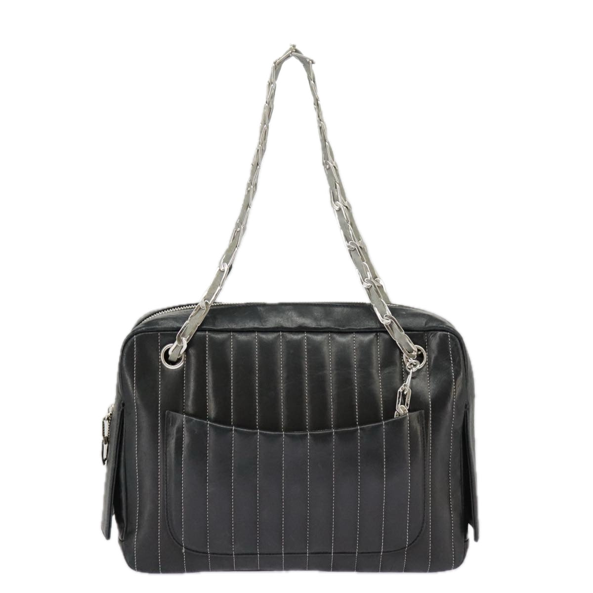 CHANEL Mademoiselle Chain Hand Bag Lamb Skin Silver Black CC bs19458