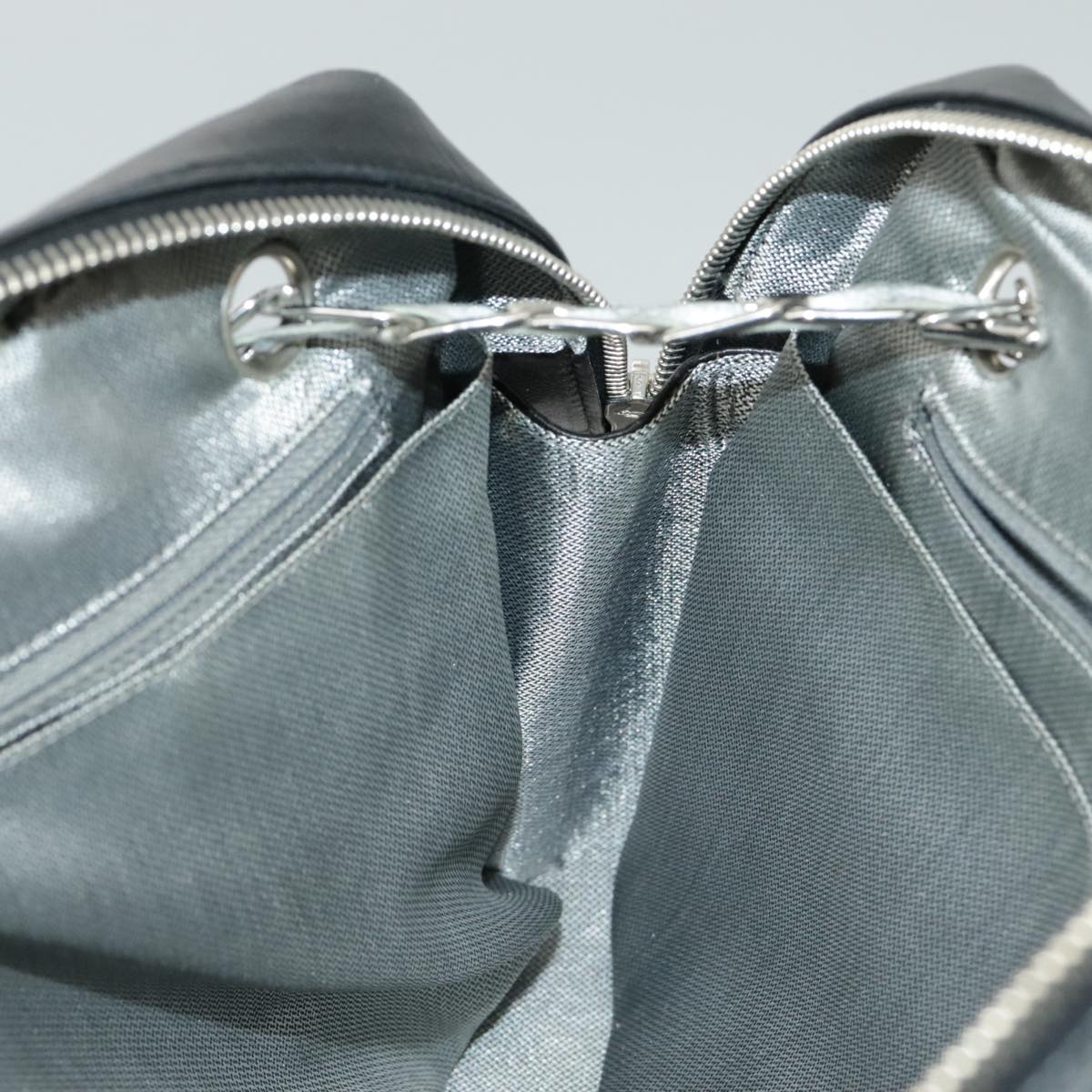 CHANEL Mademoiselle Chain Hand Bag Lamb Skin Silver Black CC bs19458
