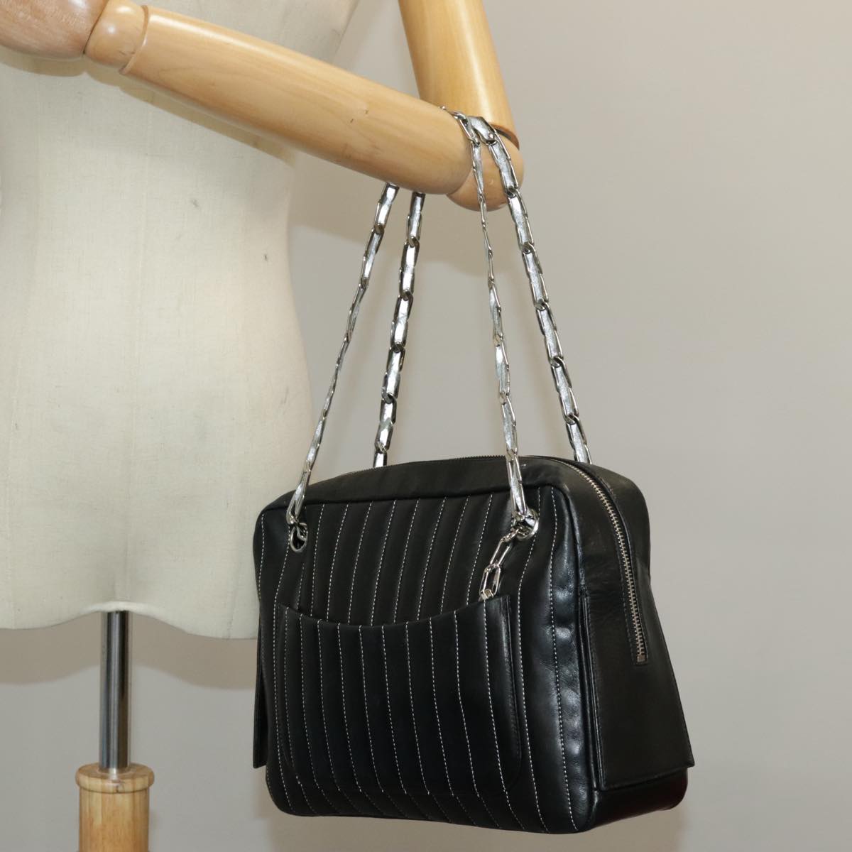 CHANEL Mademoiselle Chain Hand Bag Lamb Skin Silver Black CC bs19458