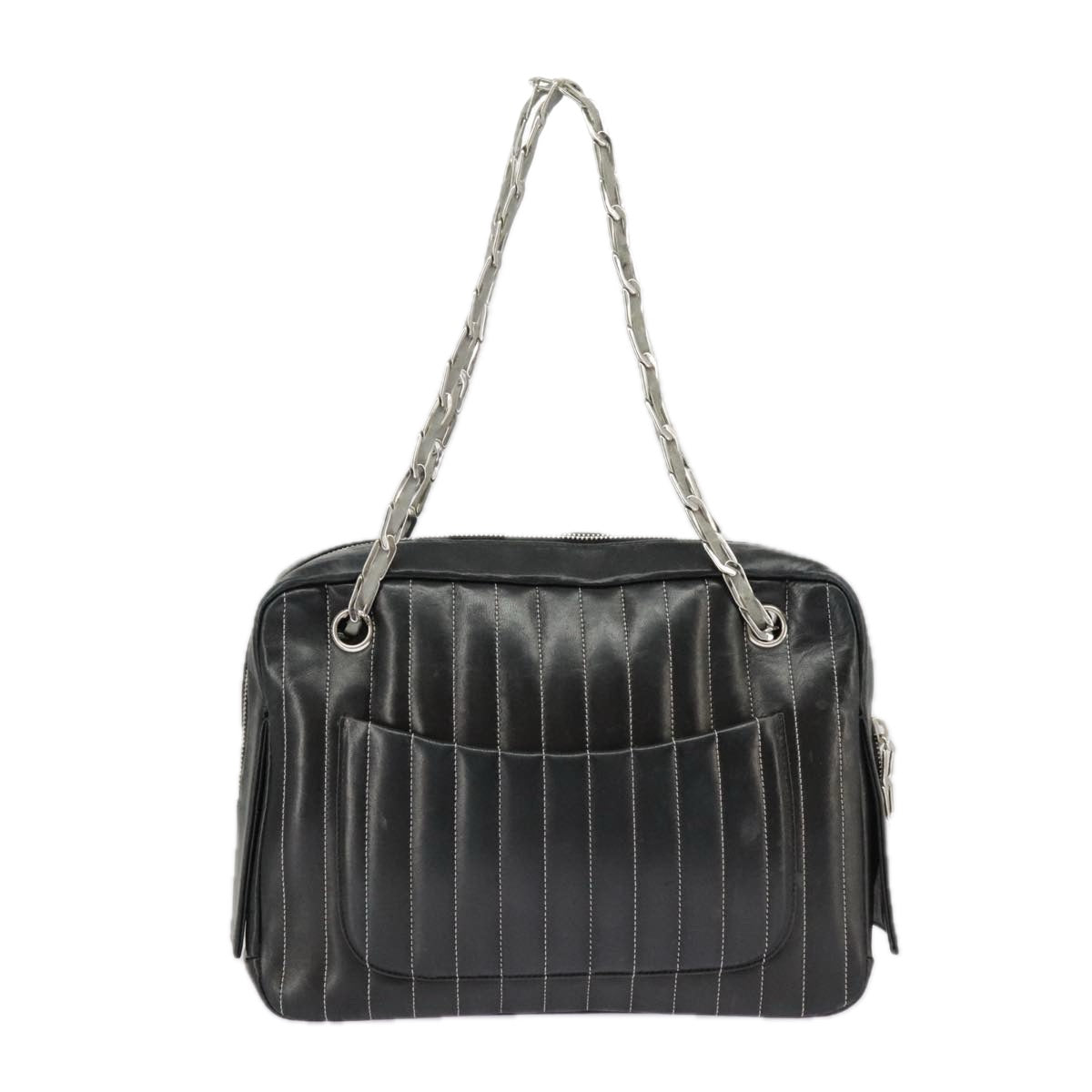 CHANEL Mademoiselle Chain Hand Bag Lamb Skin Silver Black CC bs19458