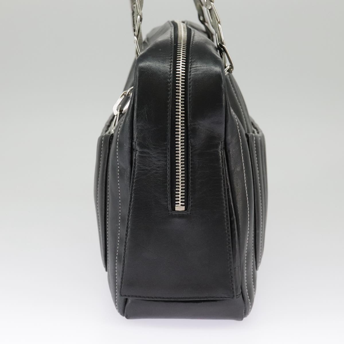 CHANEL Mademoiselle Chain Hand Bag Lamb Skin Silver Black CC bs19458