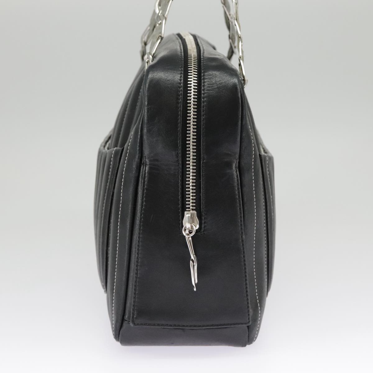 CHANEL Mademoiselle Chain Hand Bag Lamb Skin Silver Black CC bs19458