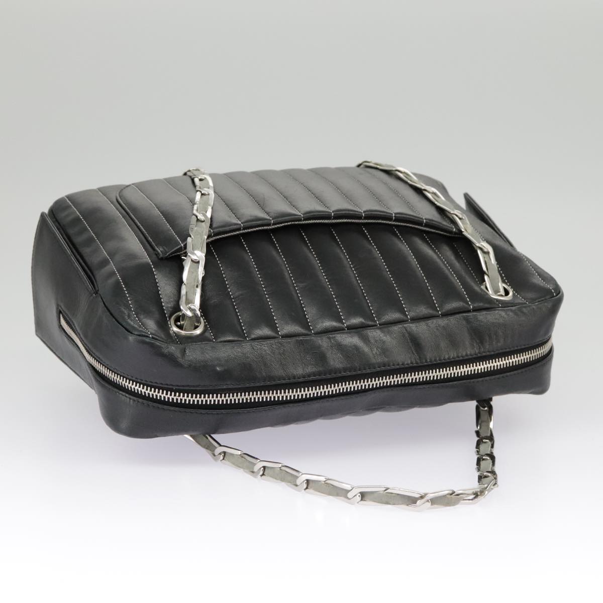 CHANEL Mademoiselle Chain Hand Bag Lamb Skin Silver Black CC bs19458