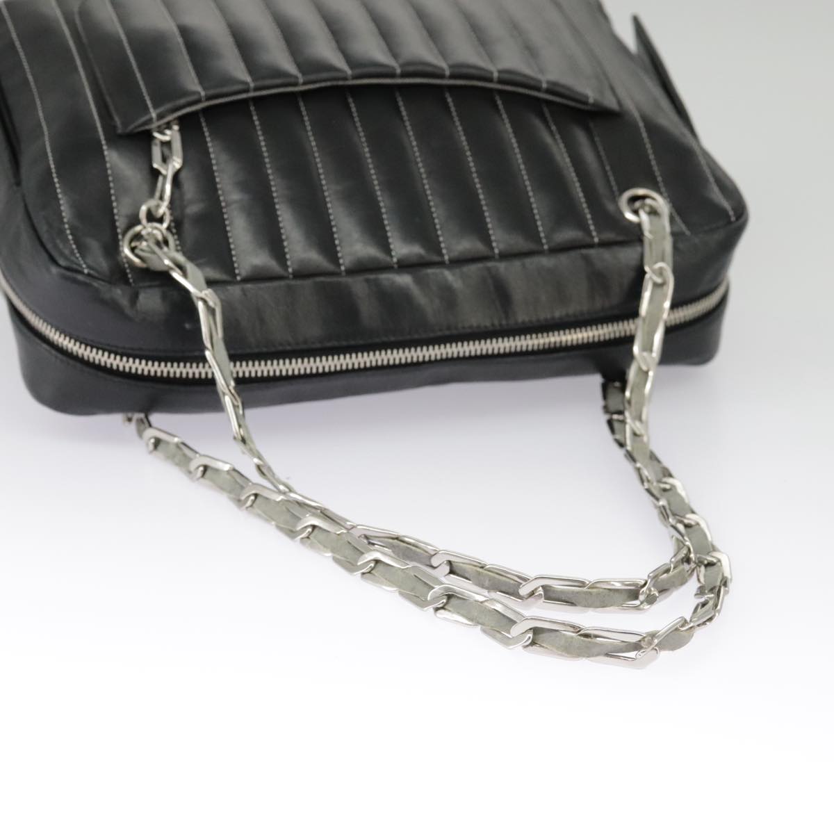 CHANEL Mademoiselle Chain Hand Bag Lamb Skin Silver Black CC bs19458