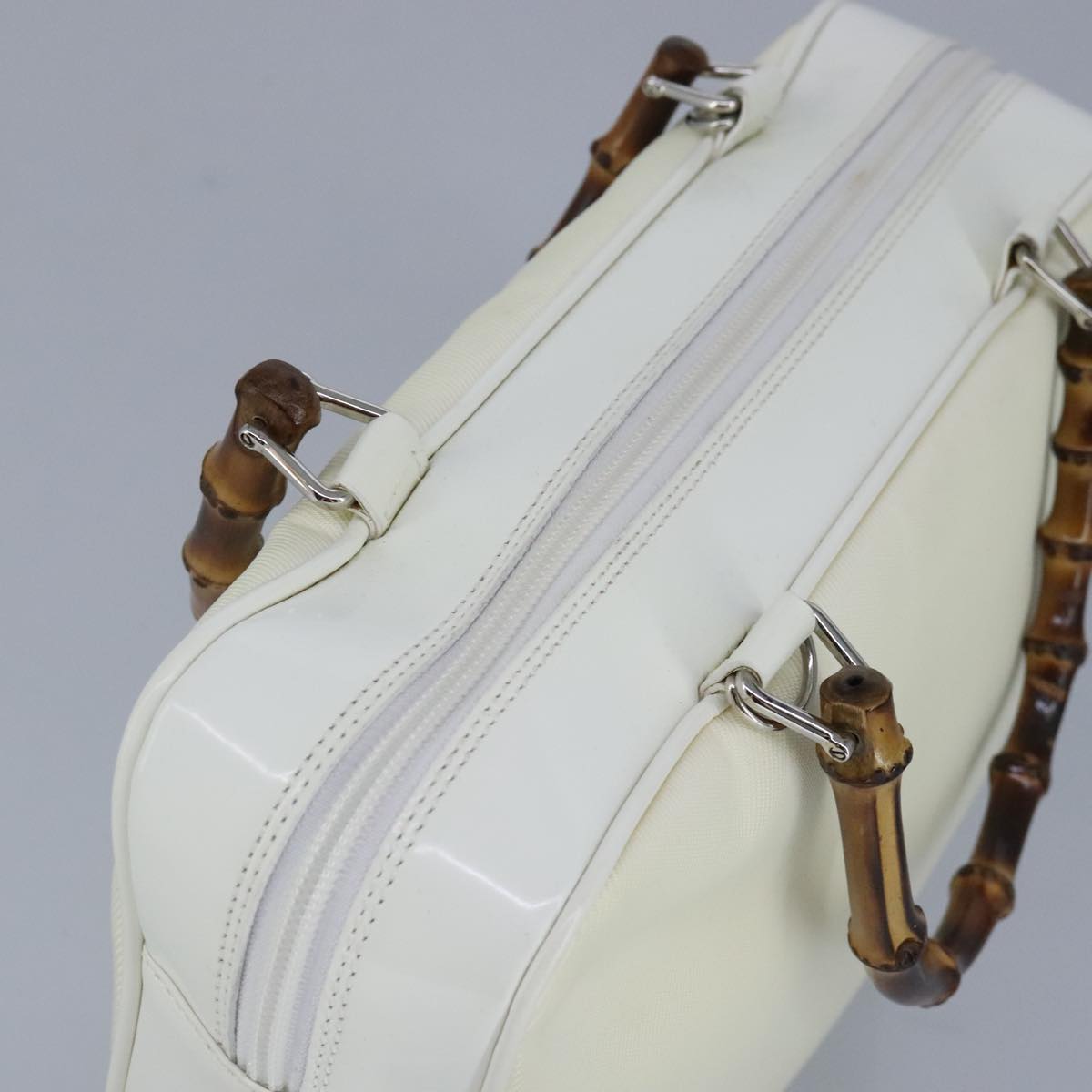 GUCCI Bamboo Hand Bag Nylon Leather White Silver 000 2040 0538 bs19480