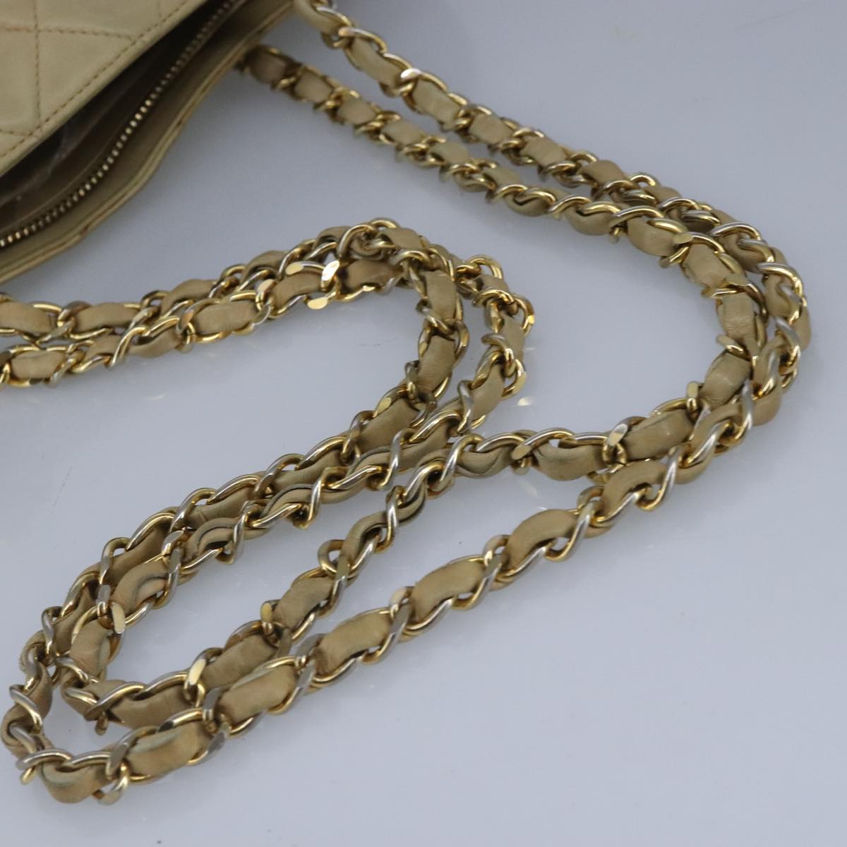 CHANEL Matelasse Chain Shoulder Bag Lamb Skin Beige Gold CC bs19648