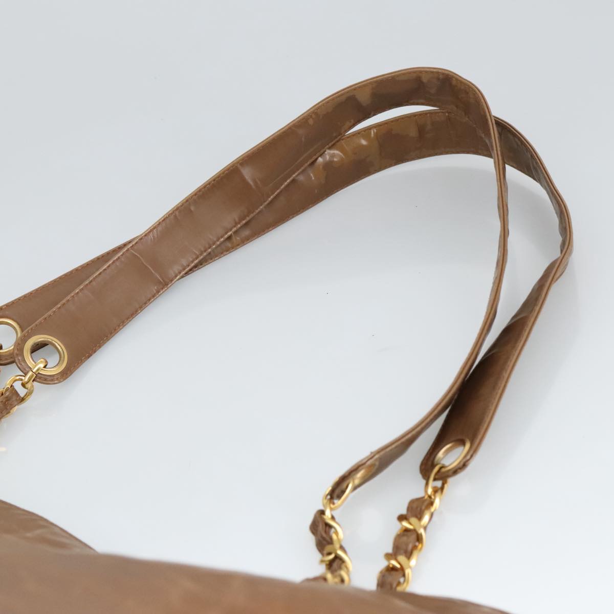 CHANEL Chain Tote Bag Patent leather Gold Brown CC bs19657
