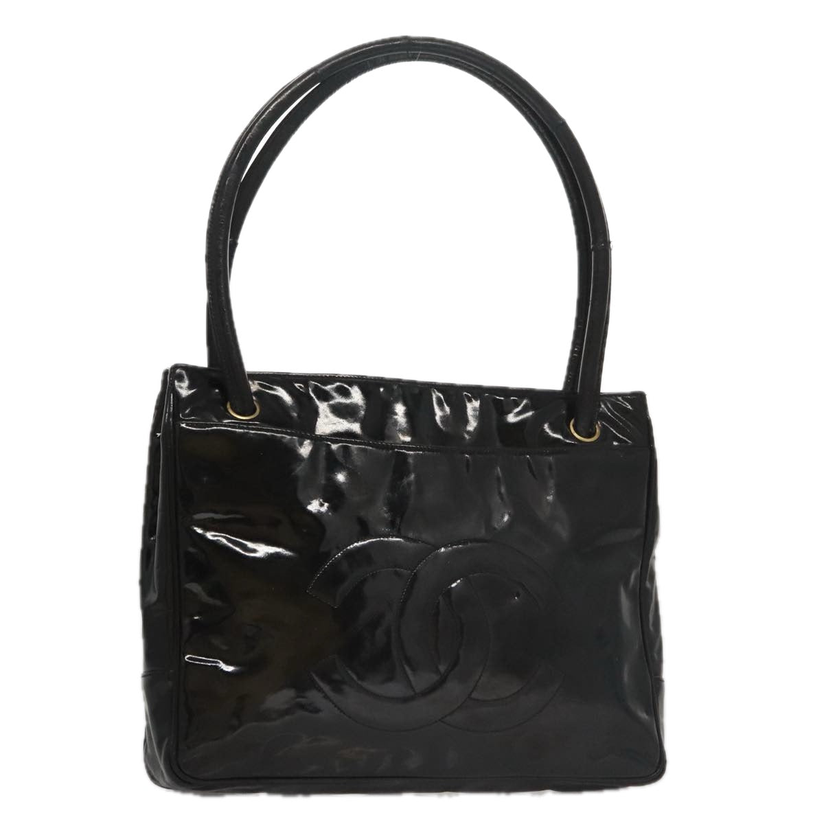 CHANEL Tote Bag Patent Leather Black Gold CC bs19813
