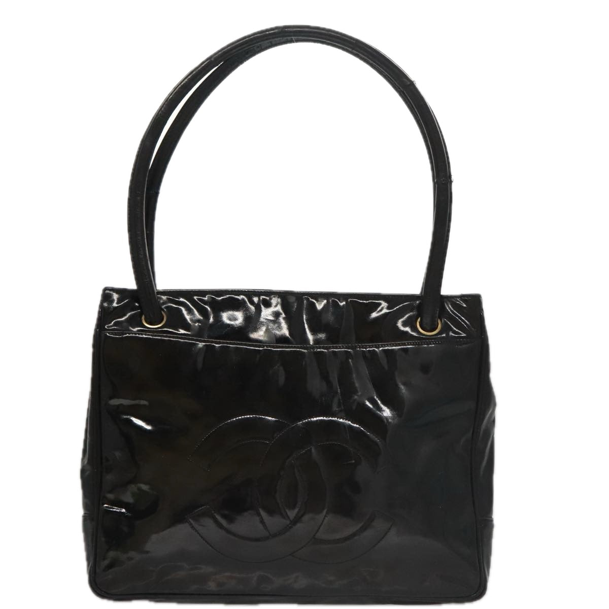CHANEL Tote Bag Patent Leather Black Gold CC bs19813