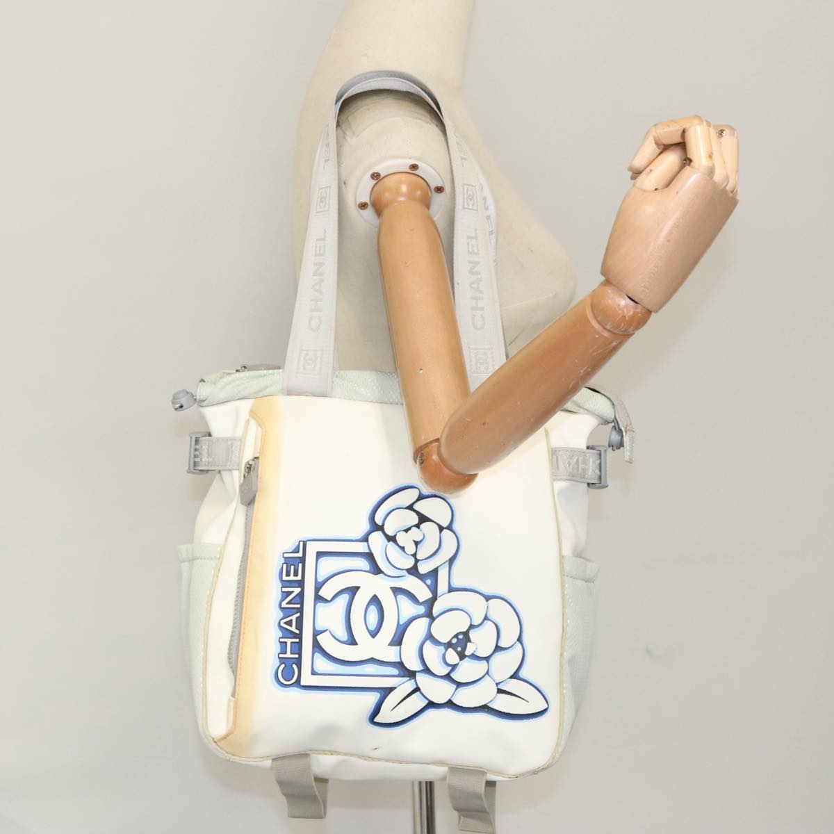 CHANEL Sports Tote Bag Nylon White Silver CC bs19989
