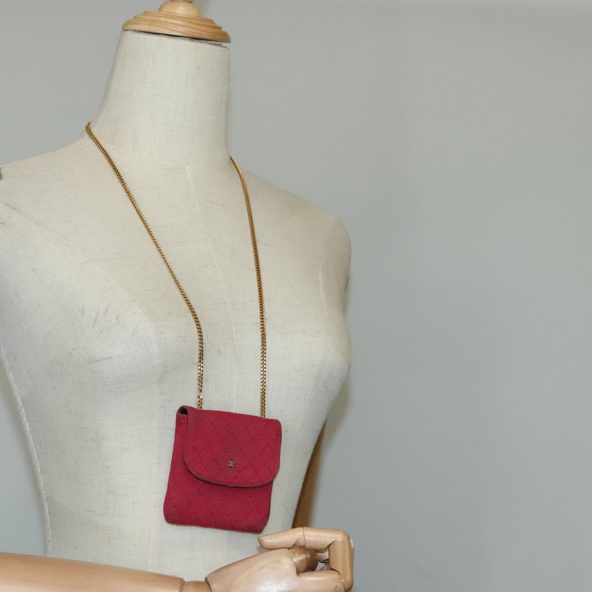 CHANEL Matelasse Necklace Pouch cotton Red Gold CC bs20086