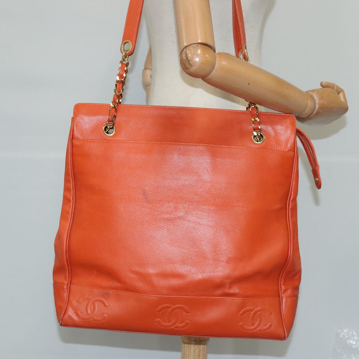 CHANEL Chain Shoulder Bag Caviar Skin Orange Gold CC bs20233