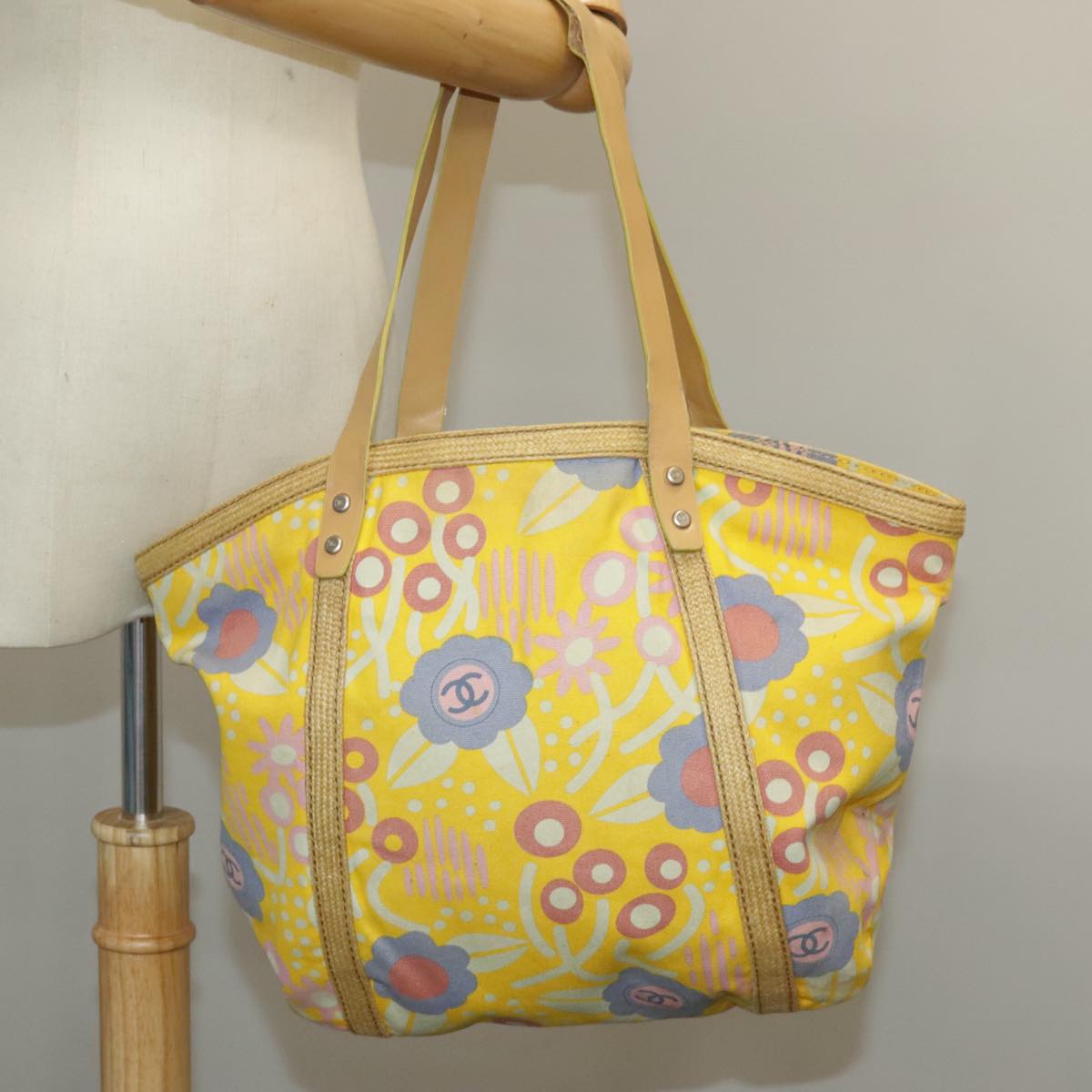 CHANEL High Summer Tote Bag Canvas Yellow Silver CC bs20423
