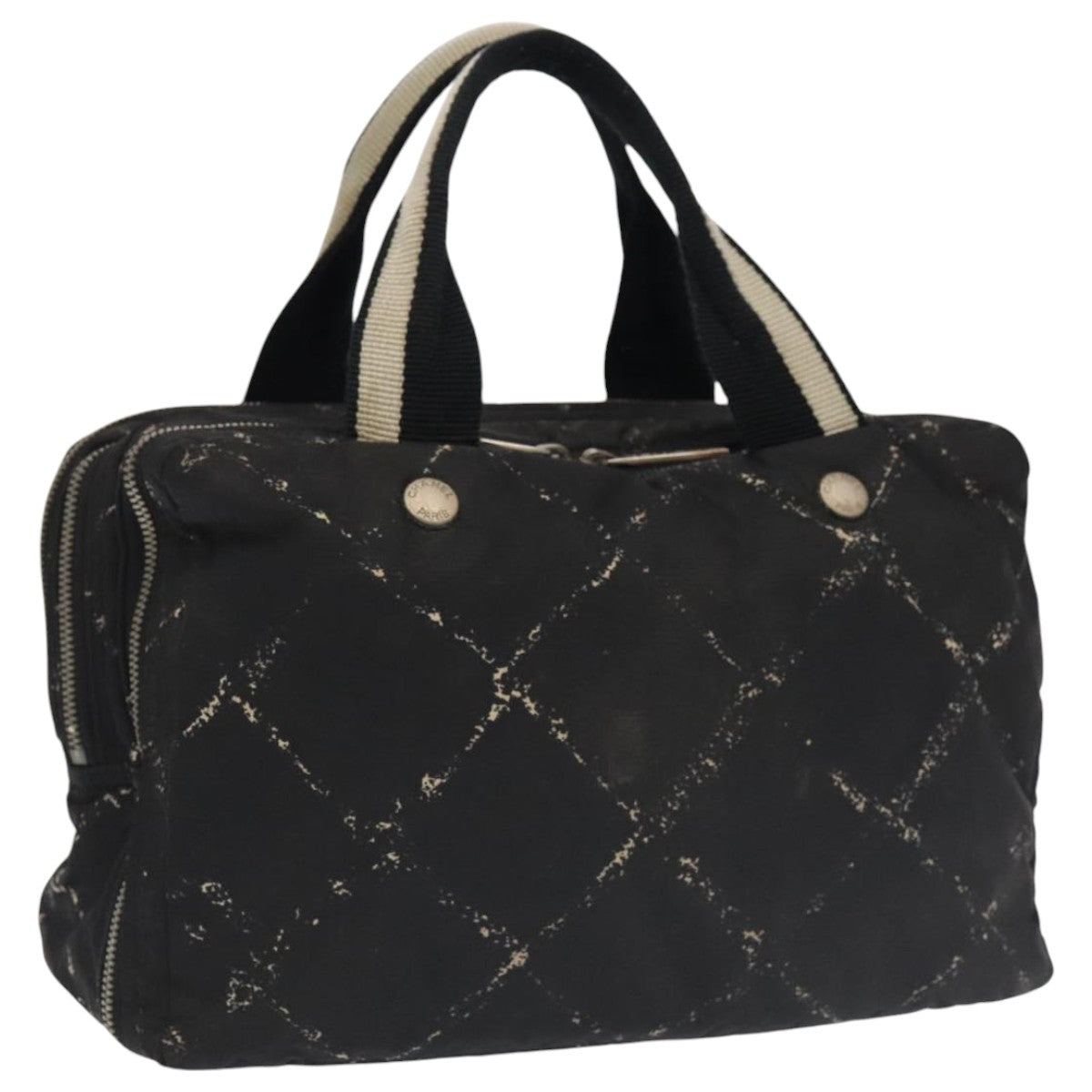 CHANEL Travel Line Hand Bag Nylon Black White Silver CC bs20701