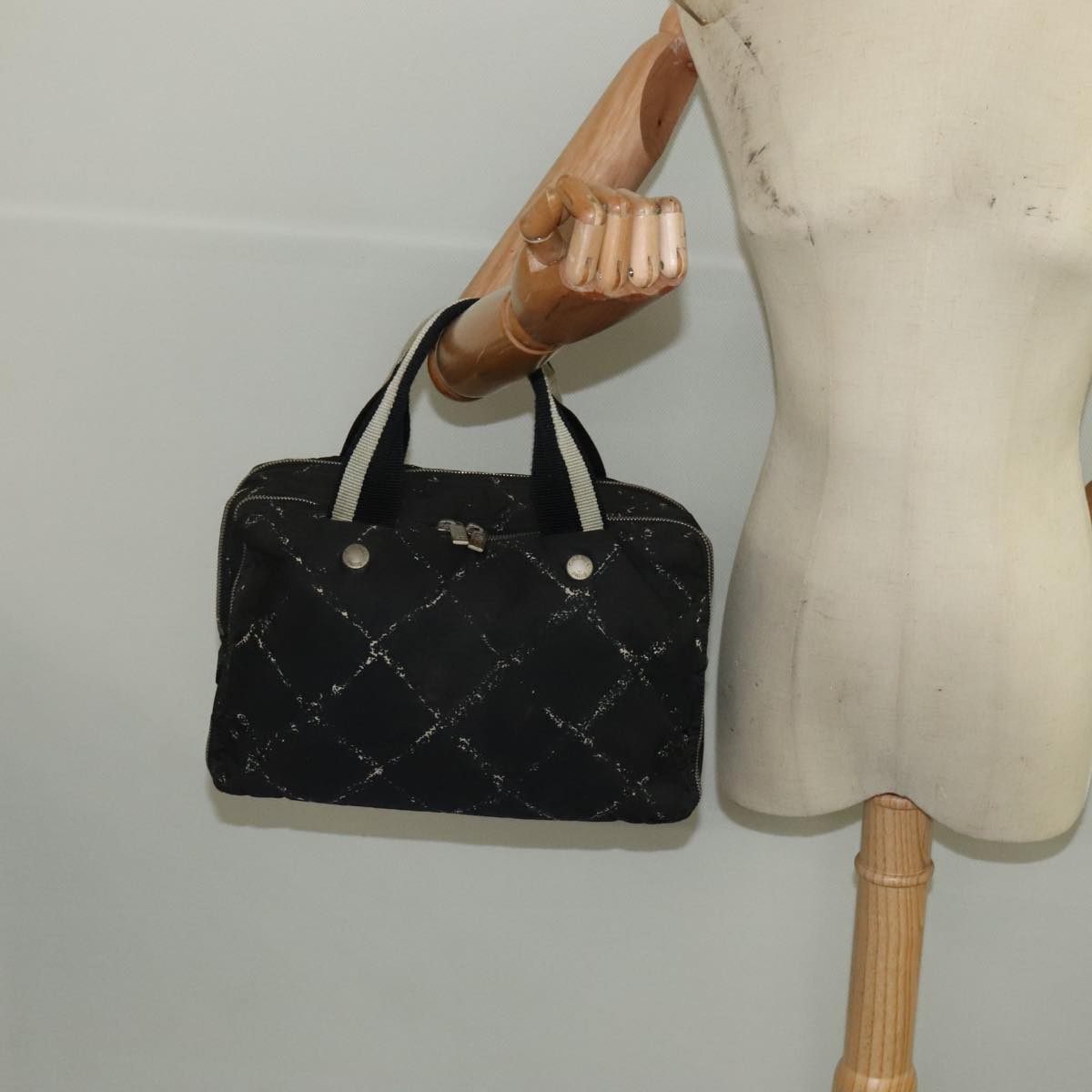 CHANEL Travel Line Hand Bag Nylon Black White Silver CC bs20701