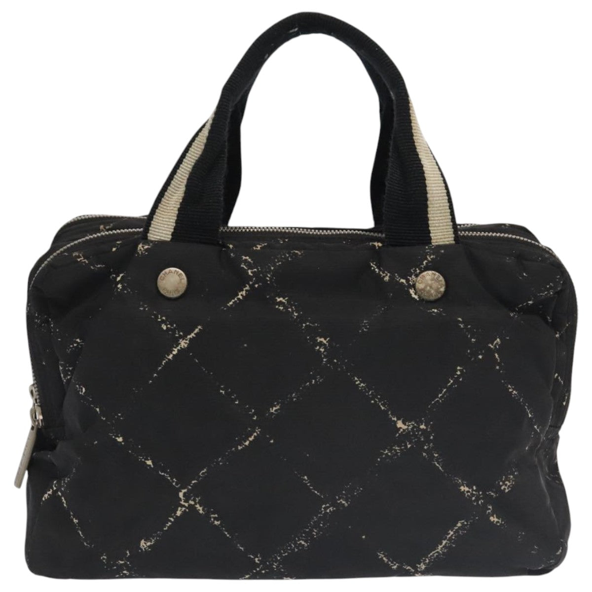 CHANEL Travel Line Hand Bag Nylon Black White Silver CC bs20701