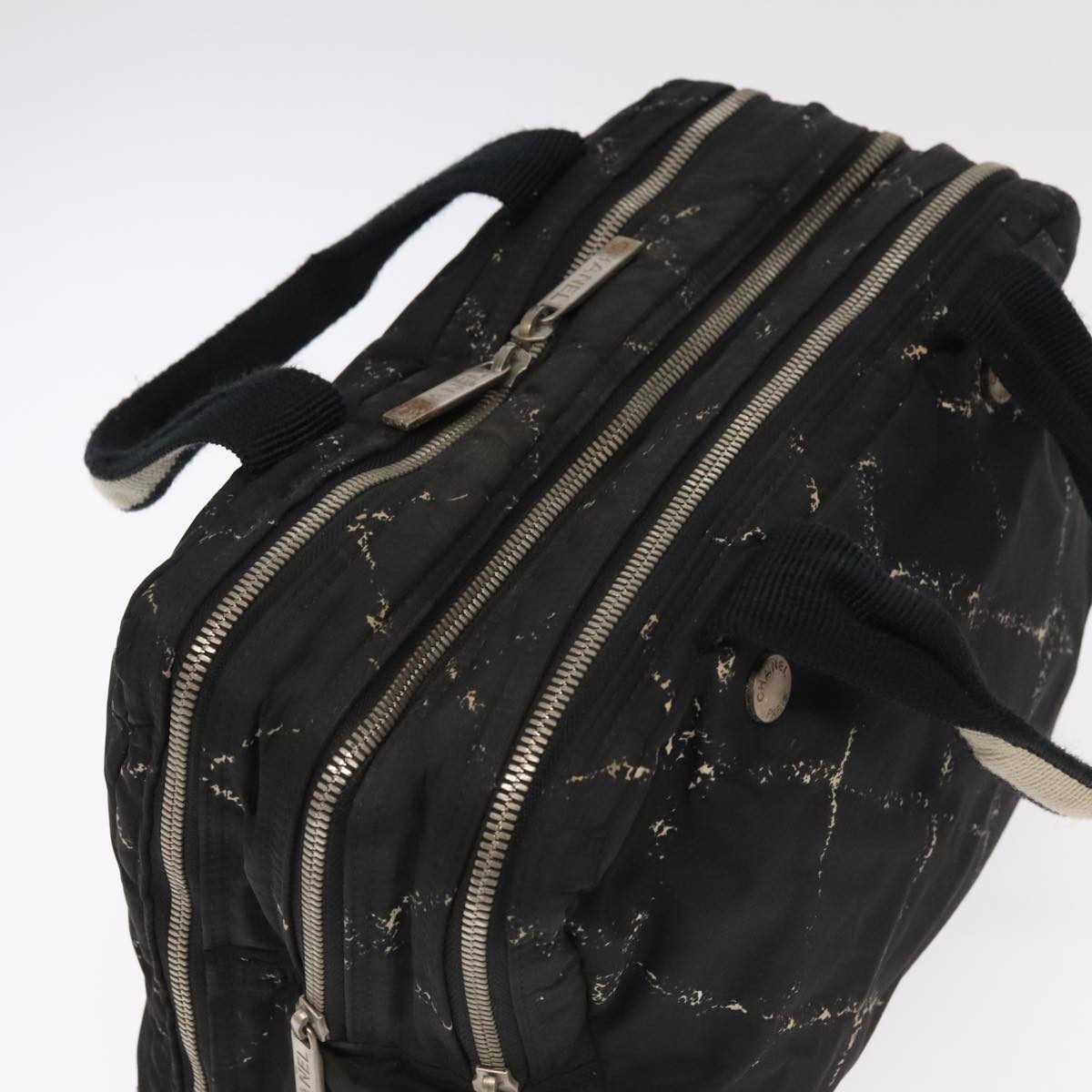 CHANEL Travel Line Hand Bag Nylon Black White Silver CC bs20701
