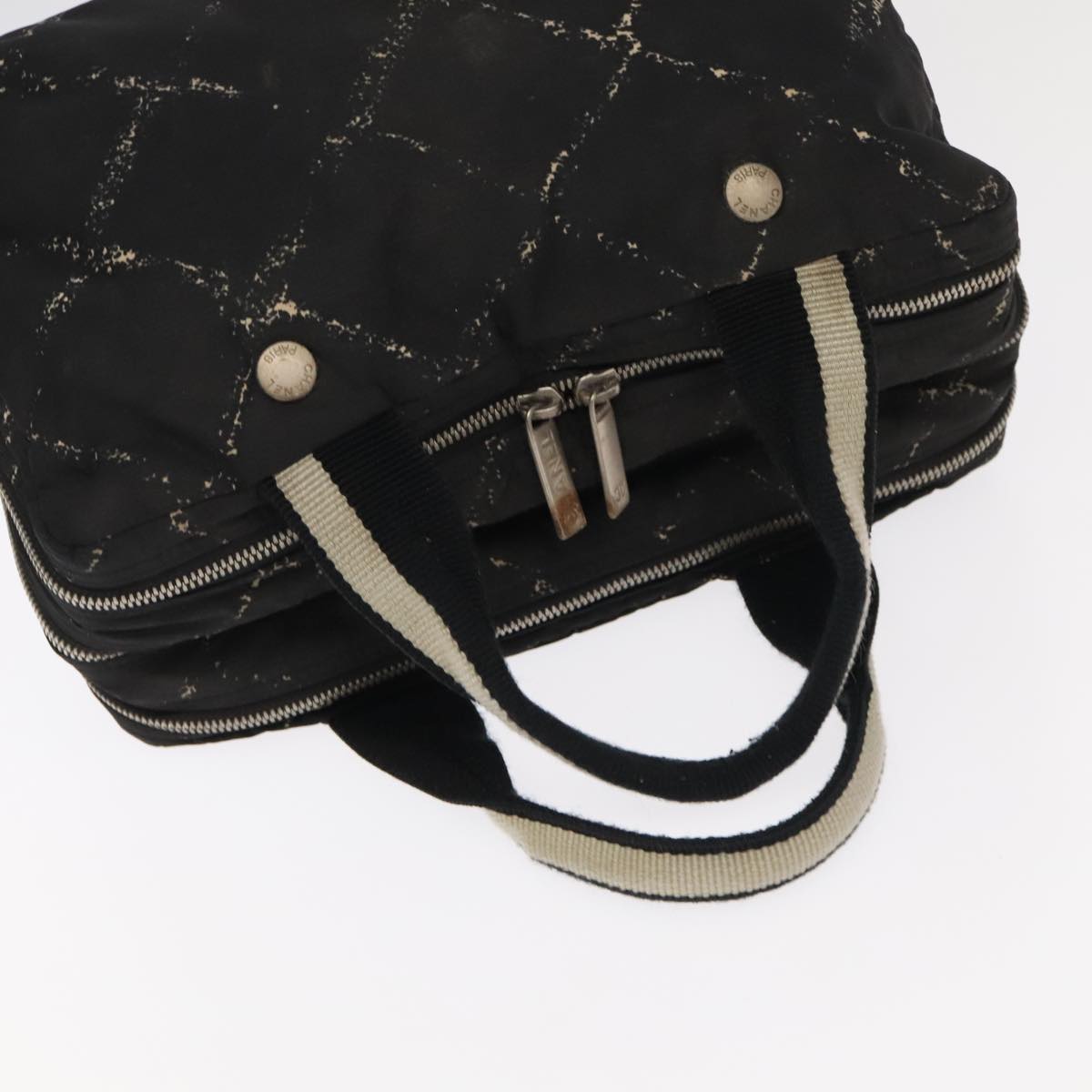 CHANEL Travel Line Hand Bag Nylon Black White Silver CC bs20701