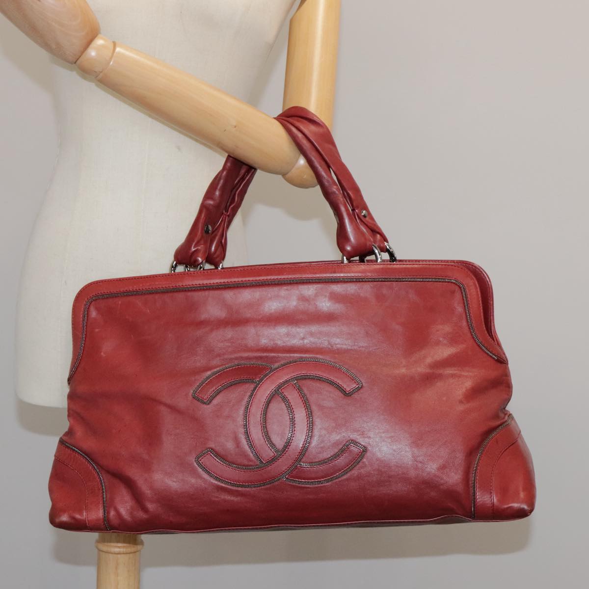 CHANEL COCO Mark Hand Bag Leather Red Silver CC bs20904