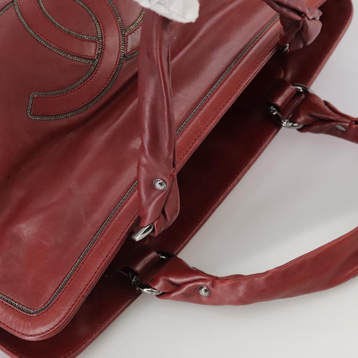 CHANEL COCO Mark Hand Bag Leather Red Silver CC bs20904