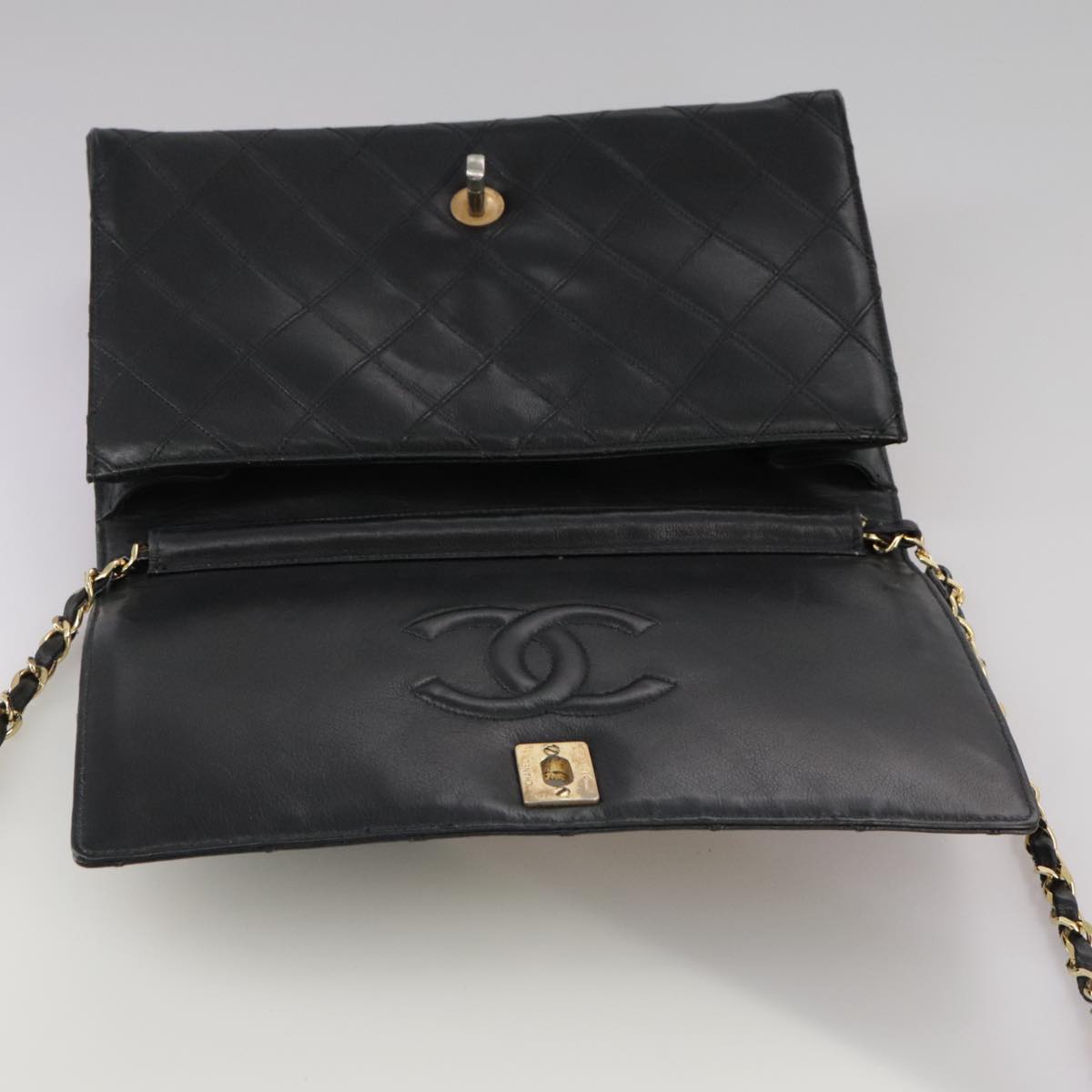 CHANEL Bicolore Chain Matelasse Bag Lamb Skin Black Gold CC bs20905