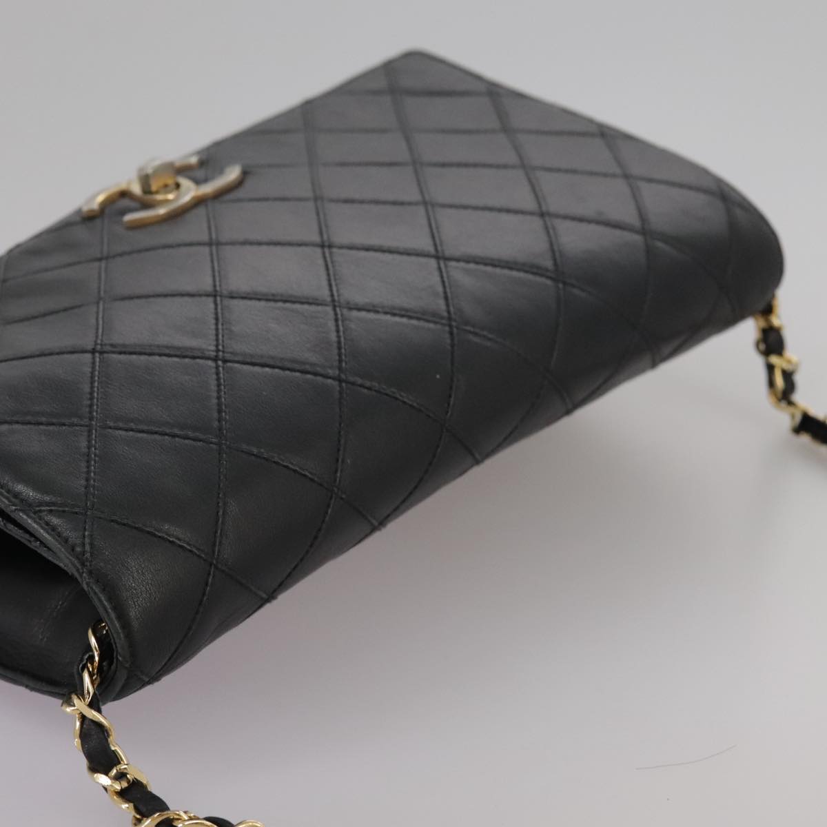 CHANEL Bicolore Chain Matelasse Bag Lamb Skin Black Gold CC bs20905