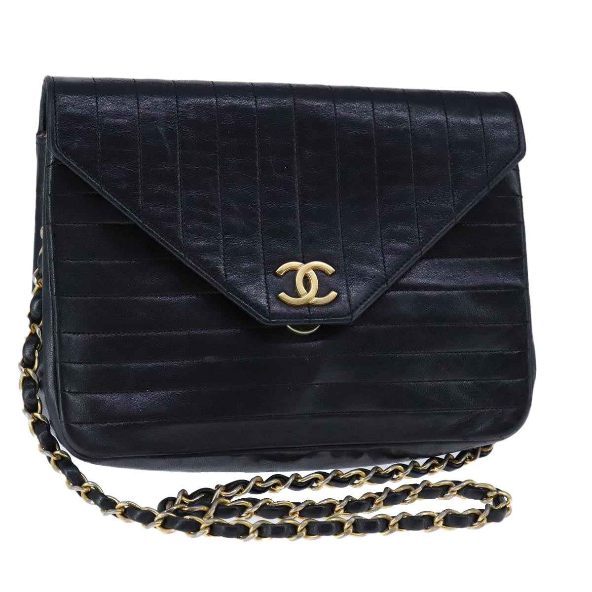 CHANEL Mademoiselle Chain Shoulder Bag Lamb Skin Black Gold CC bs21196