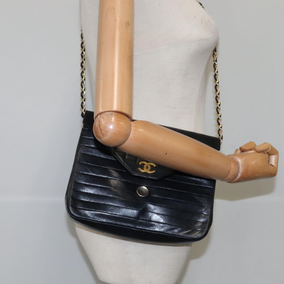 CHANEL Mademoiselle Chain Shoulder Bag Lamb Skin Black Gold CC bs21196