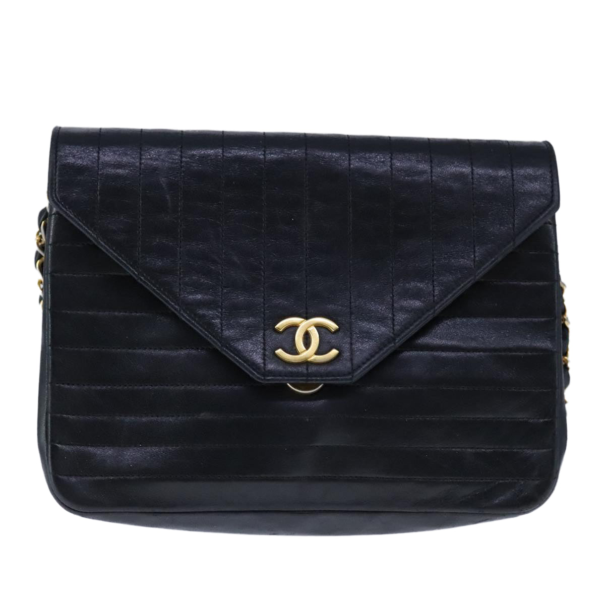 CHANEL Mademoiselle Chain Shoulder Bag Lamb Skin Black Gold CC bs21196