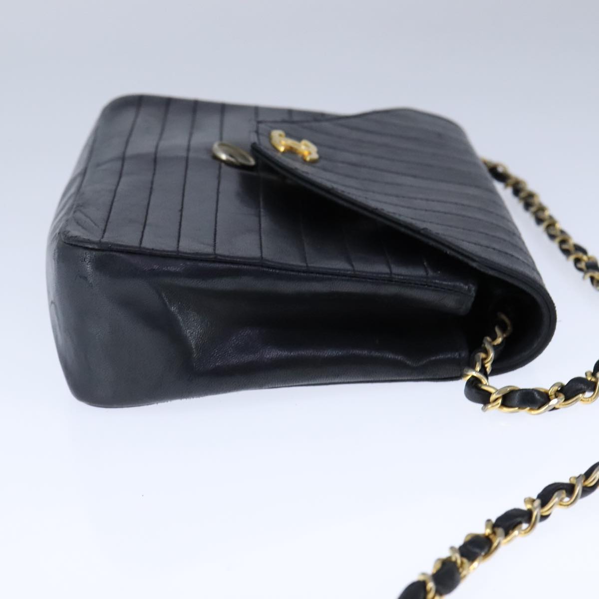 CHANEL Mademoiselle Chain Shoulder Bag Lamb Skin Black Gold CC bs21196