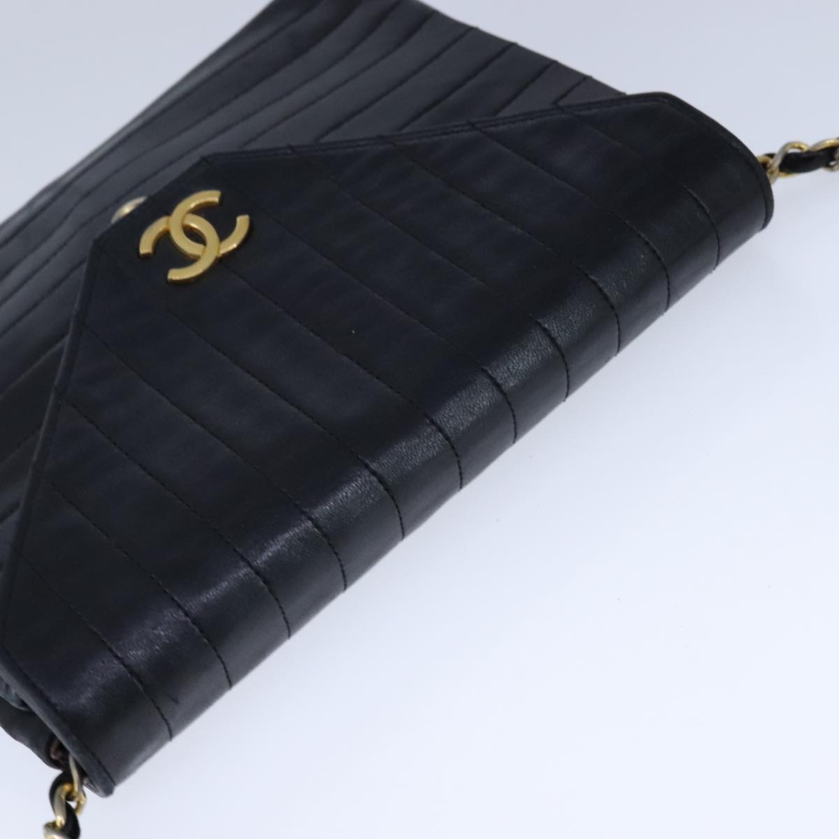 CHANEL Mademoiselle Chain Shoulder Bag Lamb Skin Black Gold CC bs21196