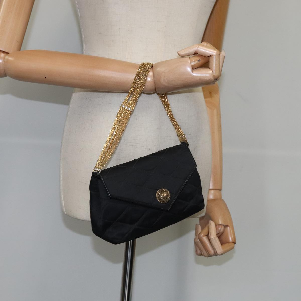 CHANEL Chain Matelasse Hand Bag Satin Black Gold CC bs21250