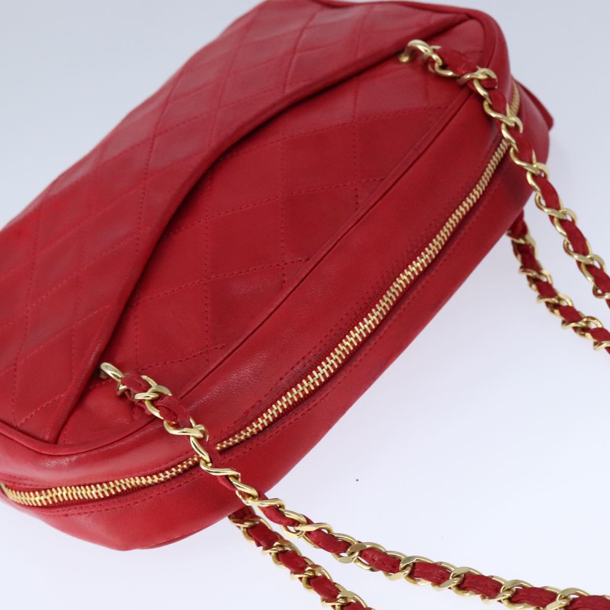 CHANEL Matelasse Shoulder Bag Lamb Skin Red Gold CC bs21314