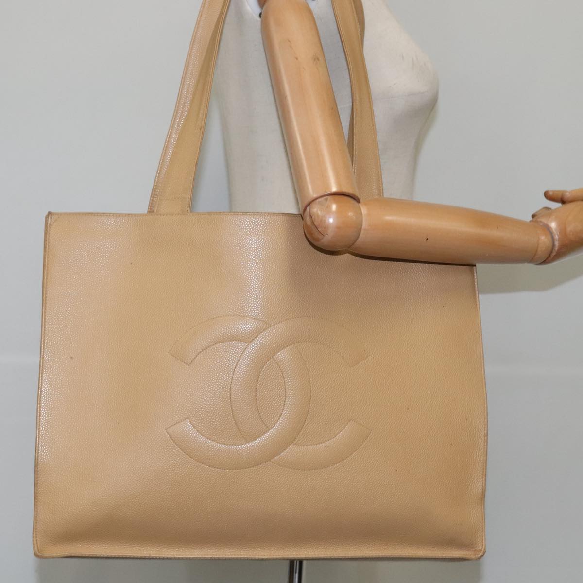 CHANEL Tote Bag Caviar Skin Beige Gold CC bs21315